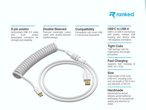 Coiled Keyboard Cable | 5-Pin Aviator Connector - Ranked