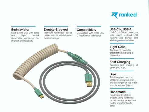 Coiled Keyboard Cable | 5-Pin Aviator Connector - Ranked