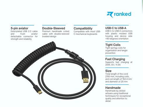 Coiled Keyboard Cable | 5-Pin Aviator Connector - Ranked