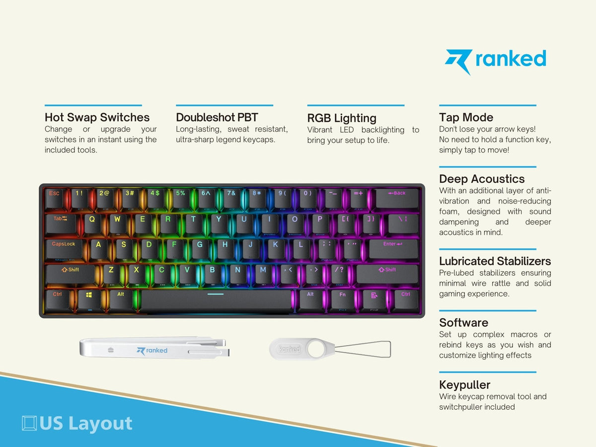 Ranked N60 Nova 60% | Heet Verwisselbaar Mechanisch Gamingtoetsenbord | 62 Toetsen Multi Color RGB LED Backlit voor PC/Mac | AZERTY ISO FR Frans (Blauw, Gateron Pro Yellow Ranked N60 Nova 60% | Heet Verwisselbaar Mechanisch Gamingtoetsenbord | 62 Toetsen Multi Color RGB LED Backlit voor PC/Mac | AZERTY ISO FR Frans (Blauw, Gateron Pro Yellow